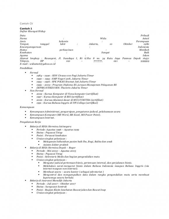 Contoh Curriculum Vitae Rumah Sakit Gawe Cv - Riset