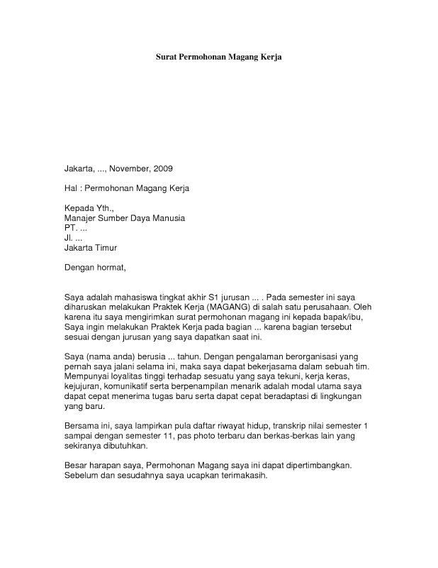 Contoh Cover Letter Tanpa Pengalaman Magang