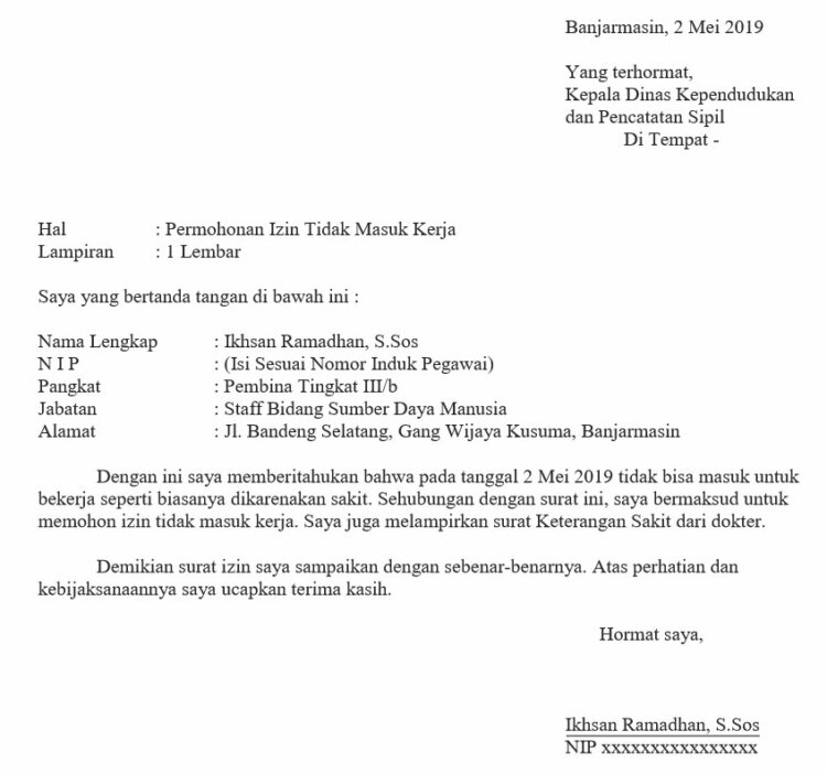 Contoh Surat Izin Tidak Masuk Kerja Untuk Karyawan Pabrik