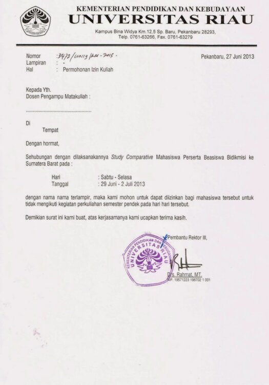 Contoh Surat Izin Tidak Masuk Kuliah Karena Diklat Organisasi