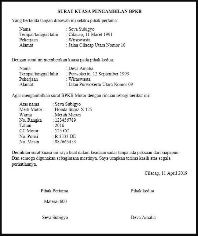 Contoh Surat Kuasa Pengambilan BPKB Honda Supra X