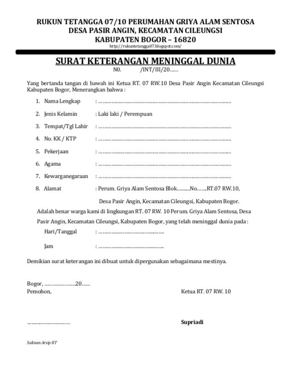 Contoh Surat Pengantar Kematian