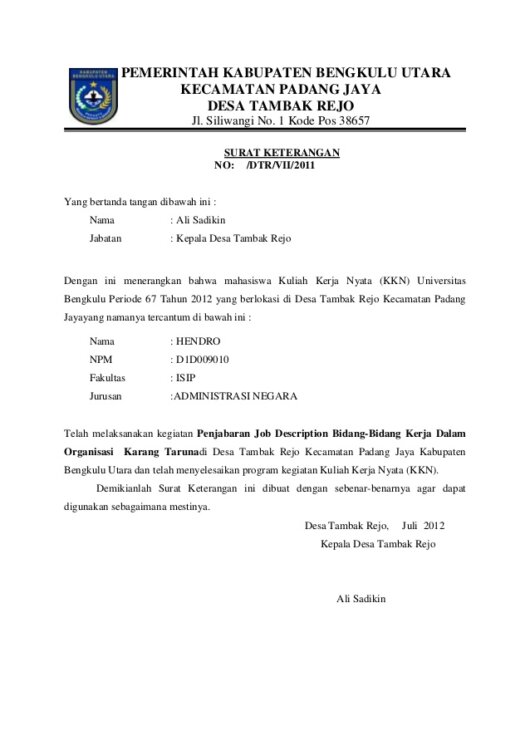 Contoh Surat Pengantar Kuliah Kerja Nyata (KKN)