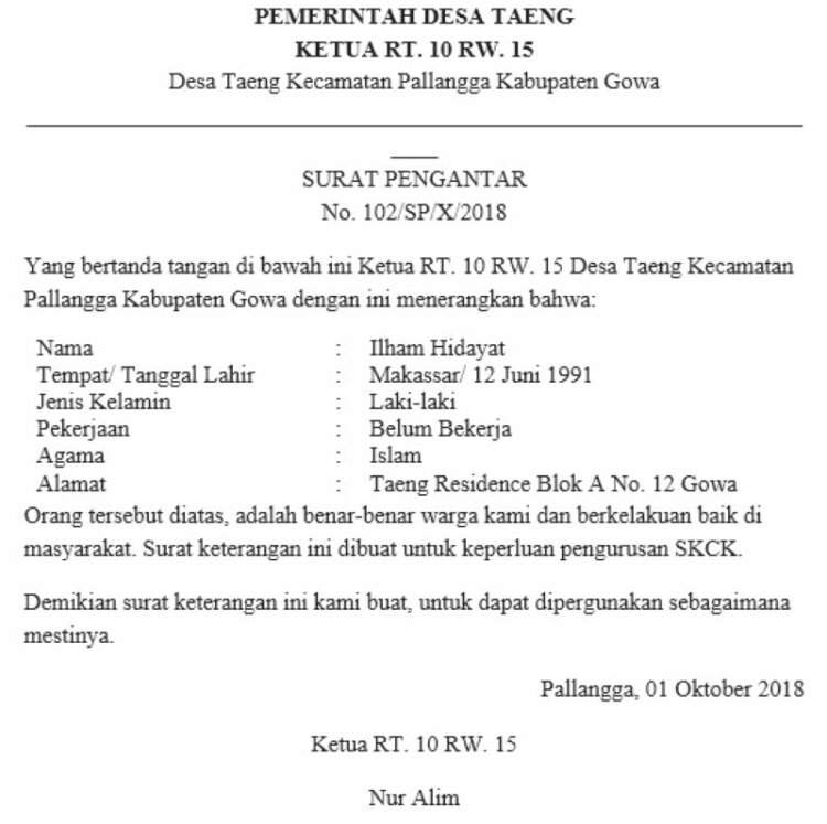 Contoh Surat Pengantar Pembuatan SKCK