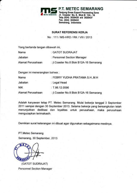 Contoh Surat Referensi Kerja Sebagai Staf Keuangan