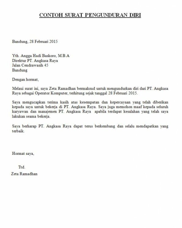 Contoh Surat Resign Dari Bank