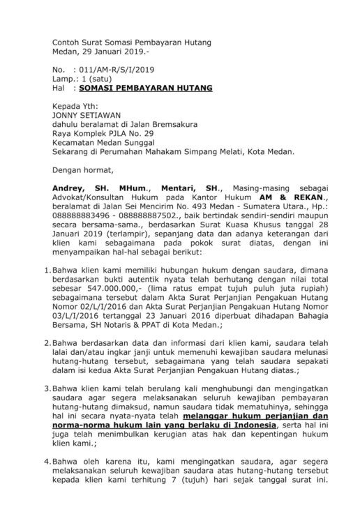 Contoh Surat Somasi Perihal Hutang Piutang