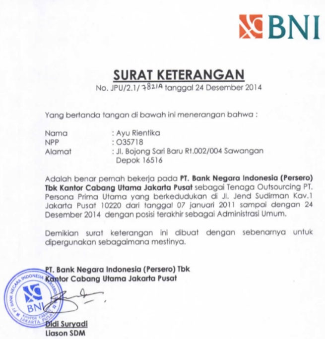 Surat Referensi Kerja Sebagai Tenaga IT