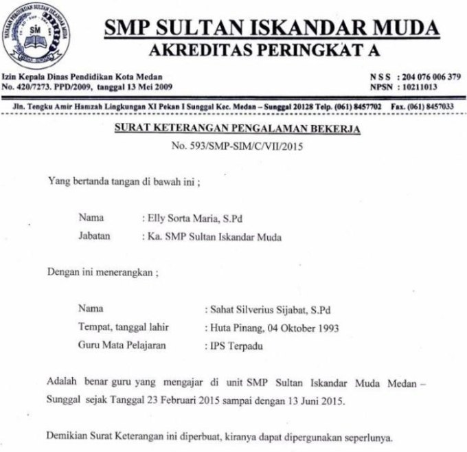 Surat Referensi Kerja Sebagai Tenaga Pendidik