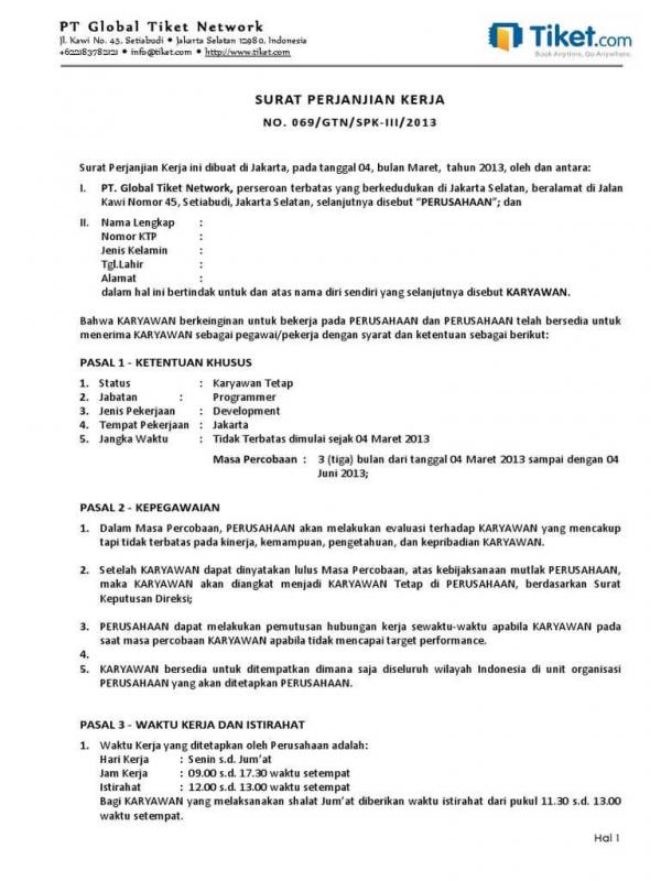 Contoh Penulisan Surat Perjanjian Kerja Karyawan Tetap Berbentuk PDF