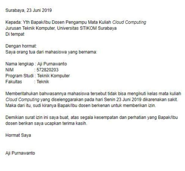 Contoh Surat Izin Sakit Tidak Bisa Mengikuti Mata Kuliah Tertentu