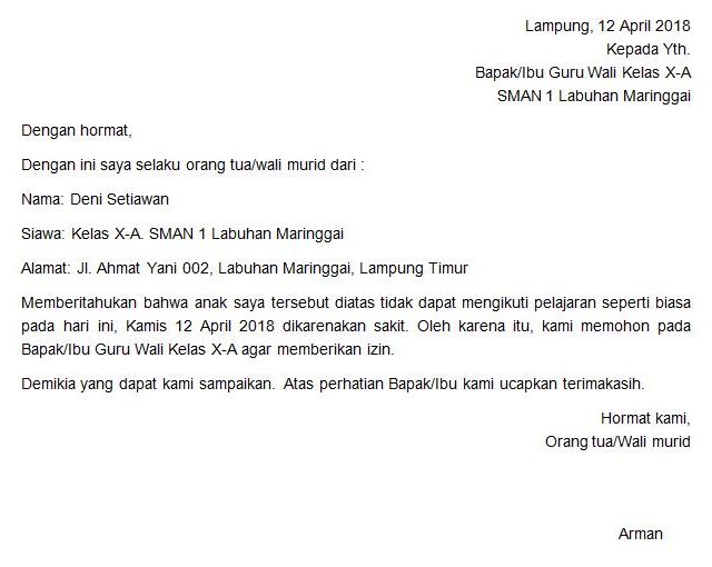 Contoh Surat Izin Sakit Dari Orang Tua Wali