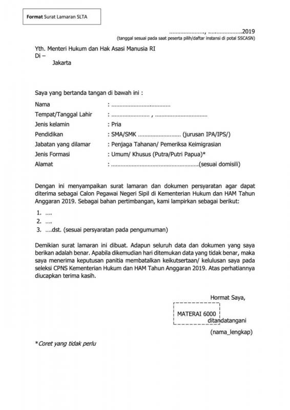 Contoh Surat Lamaran CPNS Kementerian Hukum Dan HAM