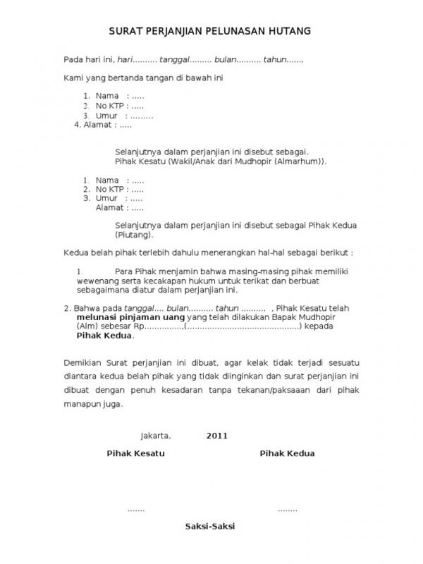 5 Contoh Surat Perjanjian Pelunasan Hutang Dengan Jaminan Cicilan