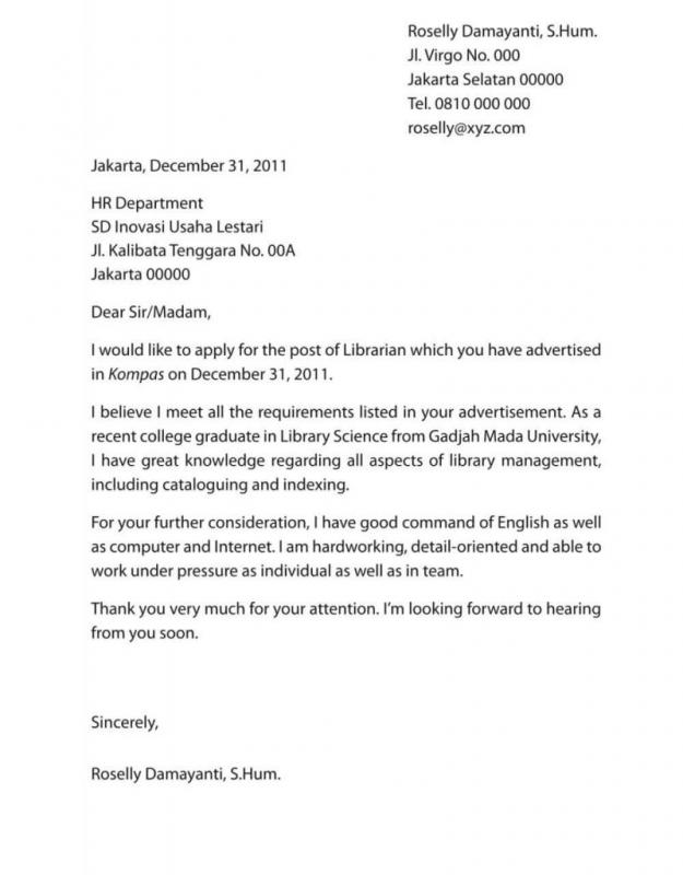 Surat Lamaran Kerja Bahasa Inggris Untuk Posisi Penjaga Perpustakaan