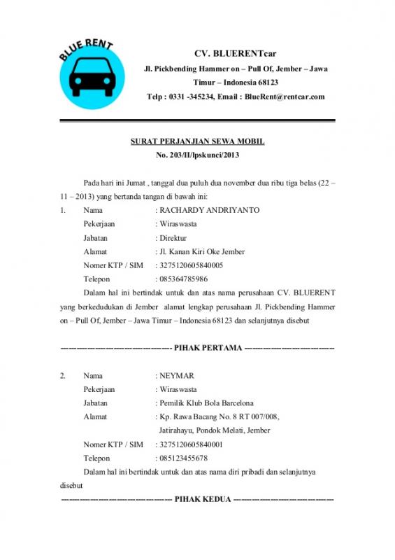 Surat Perjanjian Sewa Menyewa Mobil