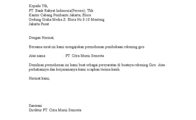 Surat Permohonan Pembukaan Rekening Giro Bank Rakyat Indonesia BRI